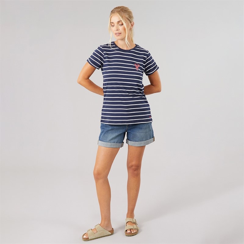Womens Crew Stripe Lobster Heart T-Shirt Navwhred - Image 4