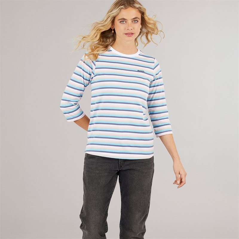 Womens Auborn Long Sleeve T-Shirt White/Light Dusky Pink/Green/Blue/Navy Stripe - Image 5