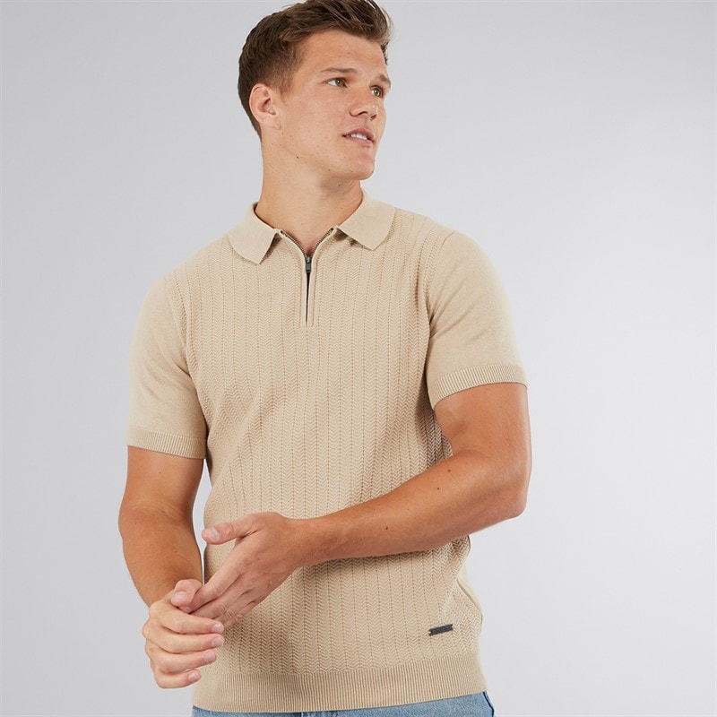 Mens Brescia Knitted Polo Shirt Stone - Image 1