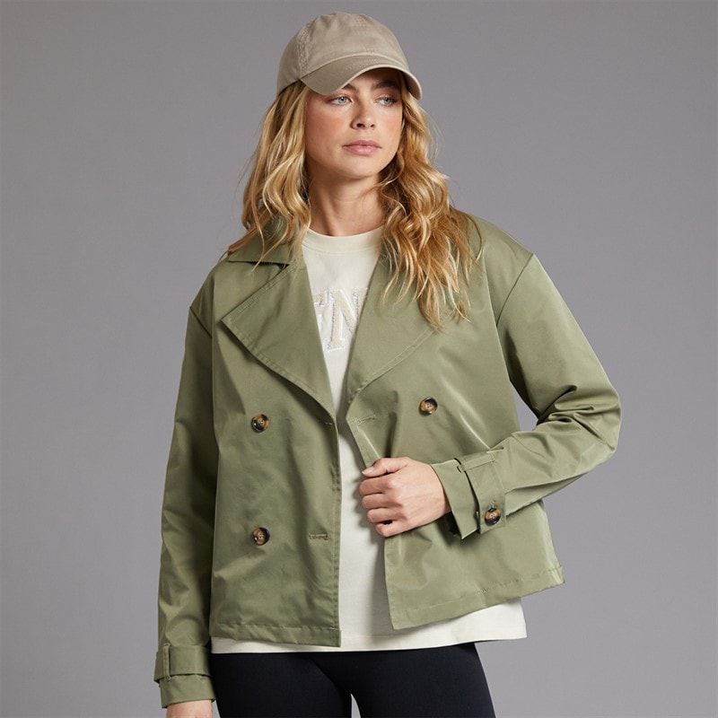Womens Hip Length Trench Coat Khaki - Image 3