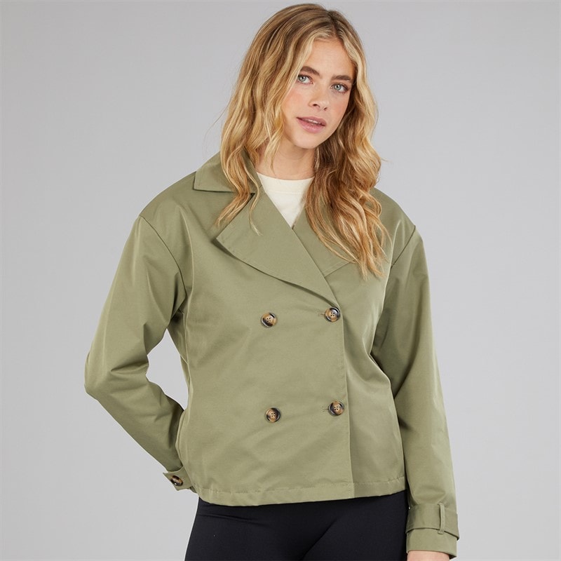 Womens Hip Length Trench Coat Khaki - Image 5