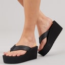 Womens Vacay Chunky Wedge Flip Flops Black Pu