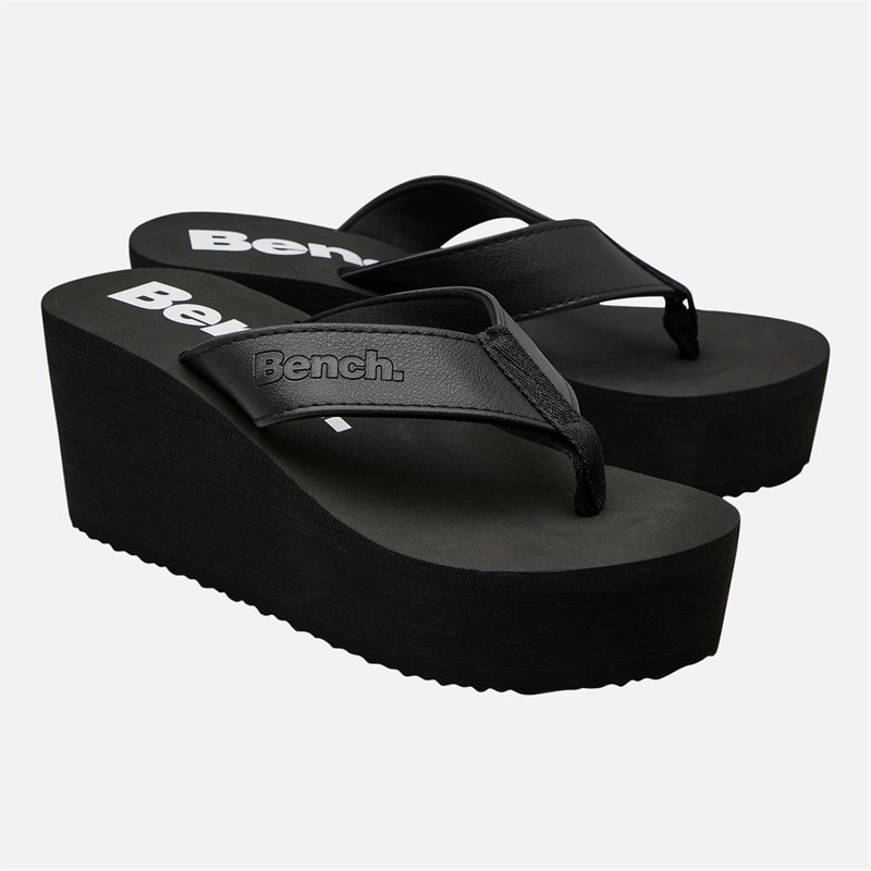 Womens Vacay Chunky Wedge Flip Flops Black Pu - Image 5