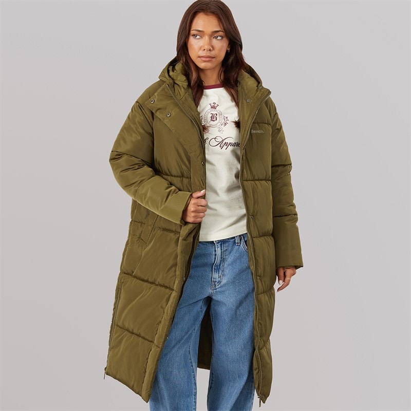 Bench Womens Affy Longline Puffer Coat Dark Olive