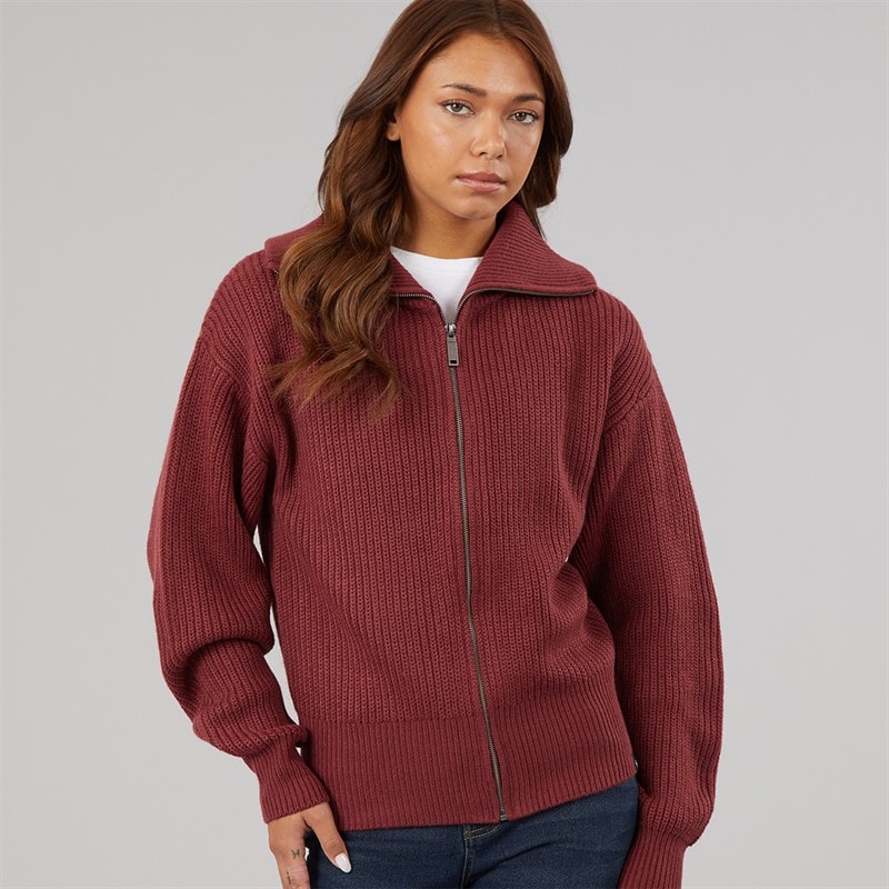 Womens Lenna Oversized Funnel Knit Zip Thru Cordovan - Image 1