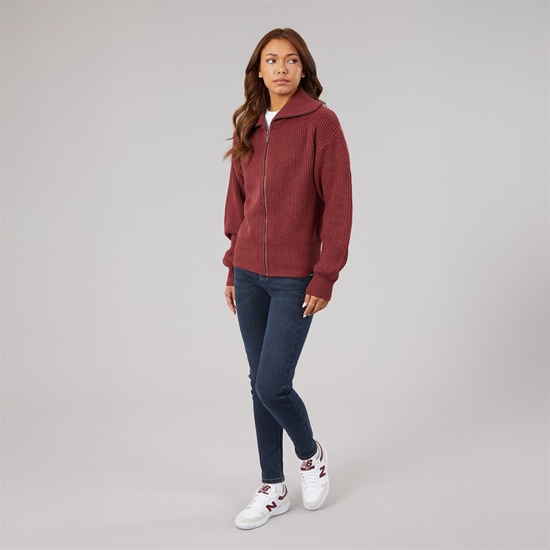 Womens Lenna Oversized Funnel Knit Zip Thru Cordovan - Image 3
