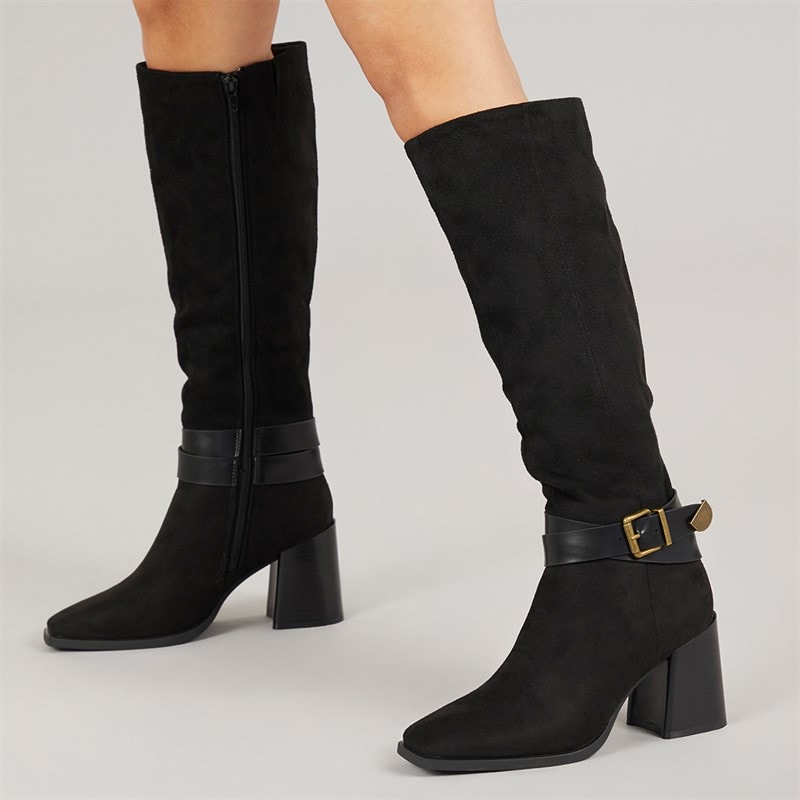 Fluid Womens Aston Square Toe Knee High Stretch Boots Black Micro