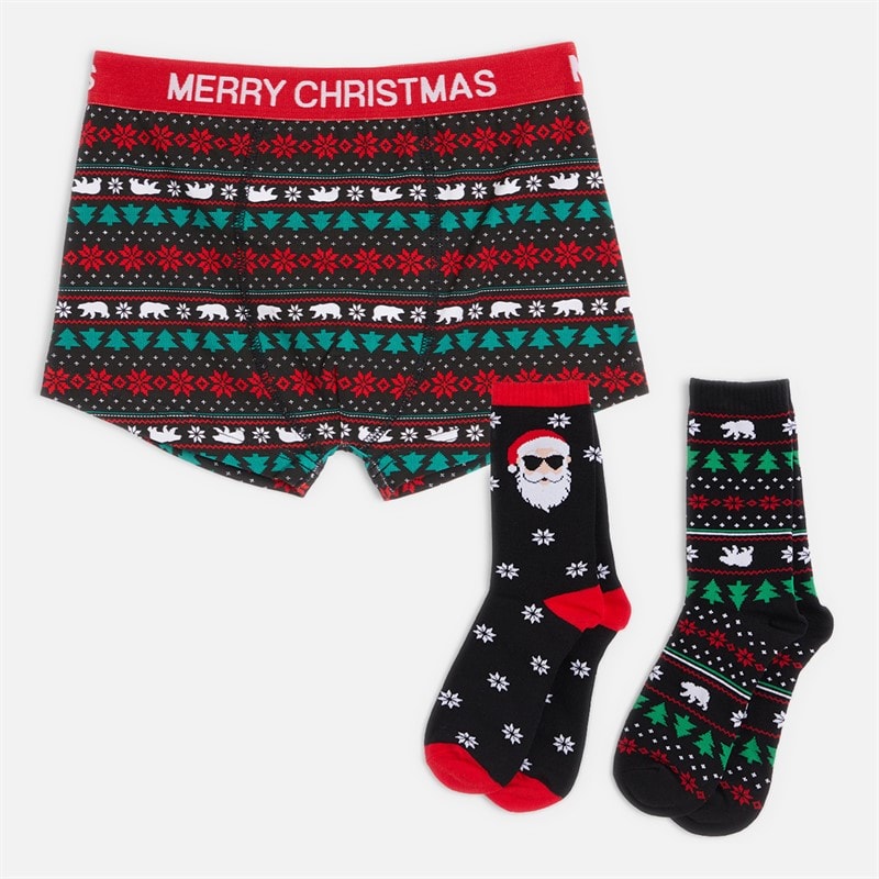 Fluid Boys Festive Boxers And Two Pack Socks Set Black Multi
