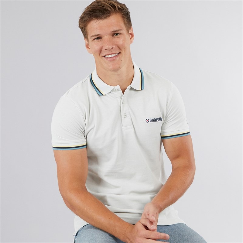 Mens Triple Tipped Polo Shirt Pebble Yellow/Navy/Smoke Blue - Image 1