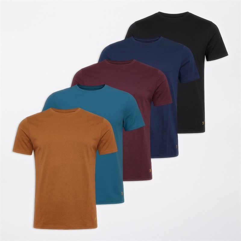 Farah Mens Brunson Five Pack T-Shirts Black/Bordeaux/Croft Green/Burnt Ochre/Navy