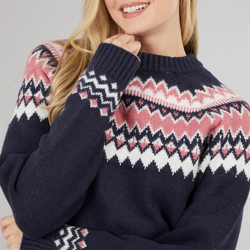 Womens Fairisle Crew Neck Sweater Navy/Pink - Image 3