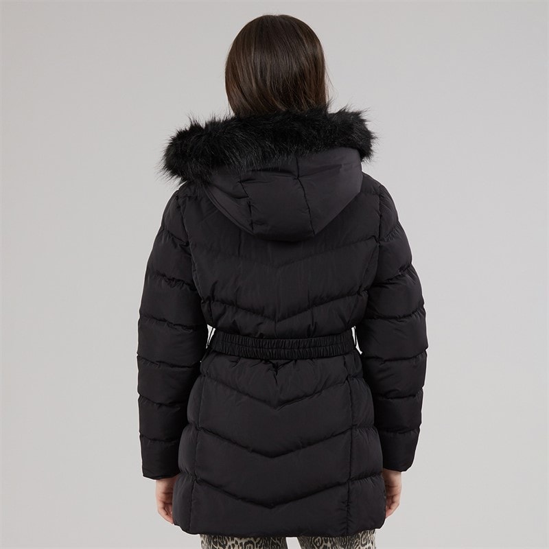 Girls Belted Jacket With Faux Fur Hood Black - Image 2