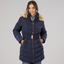 Womens Belted Jacket With Faux Fur Trim Hood Navy