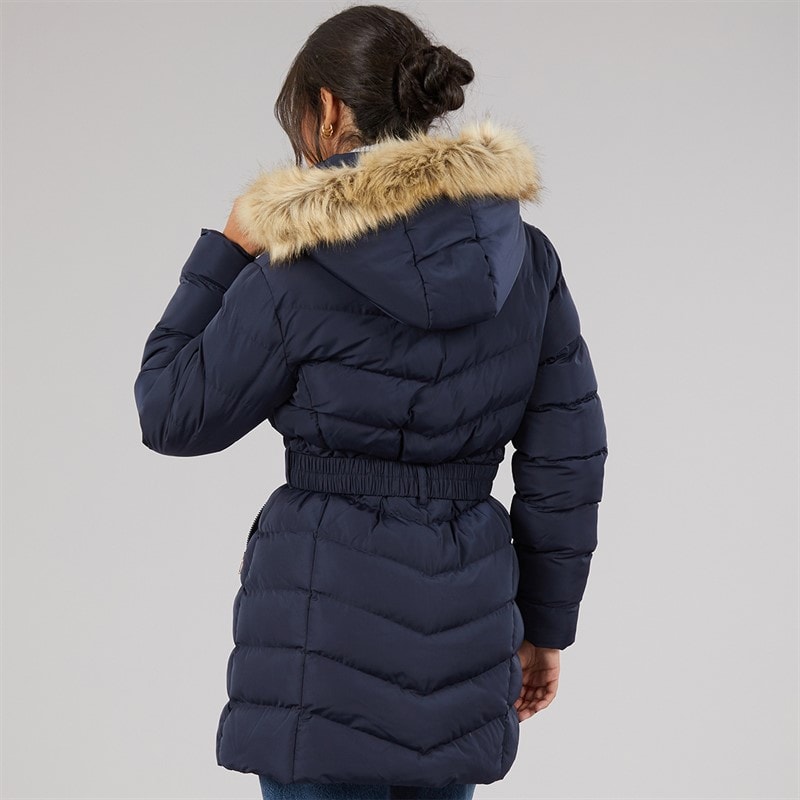 Womens Belted Jacket With Faux Fur Trim Hood Navy - Image 2