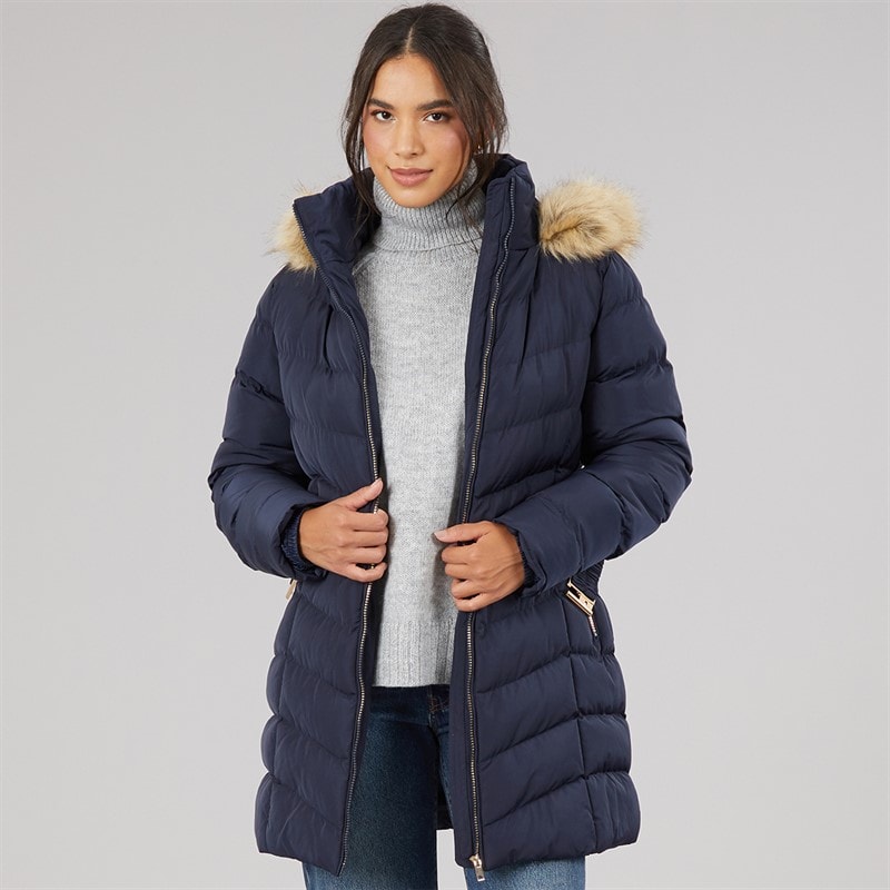 Womens Belted Jacket With Faux Fur Trim Hood Navy - Image 3