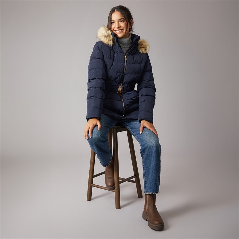 Womens Belted Jacket With Faux Fur Trim Hood Navy - Image 4