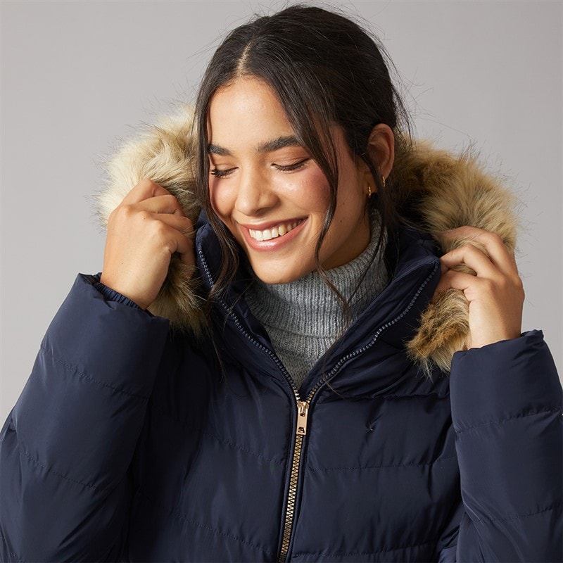 Womens Belted Jacket With Faux Fur Trim Hood Navy - Image 5