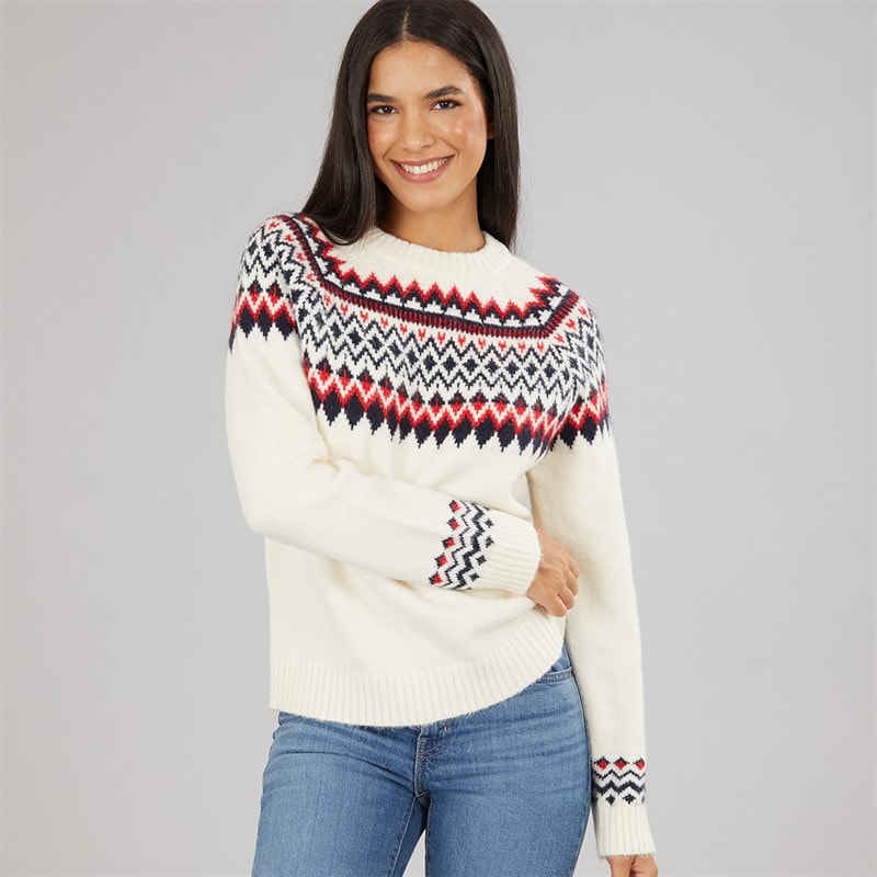 Womens Fairisle Crew Neck Sweater Cream/Red/Navy - Image 3