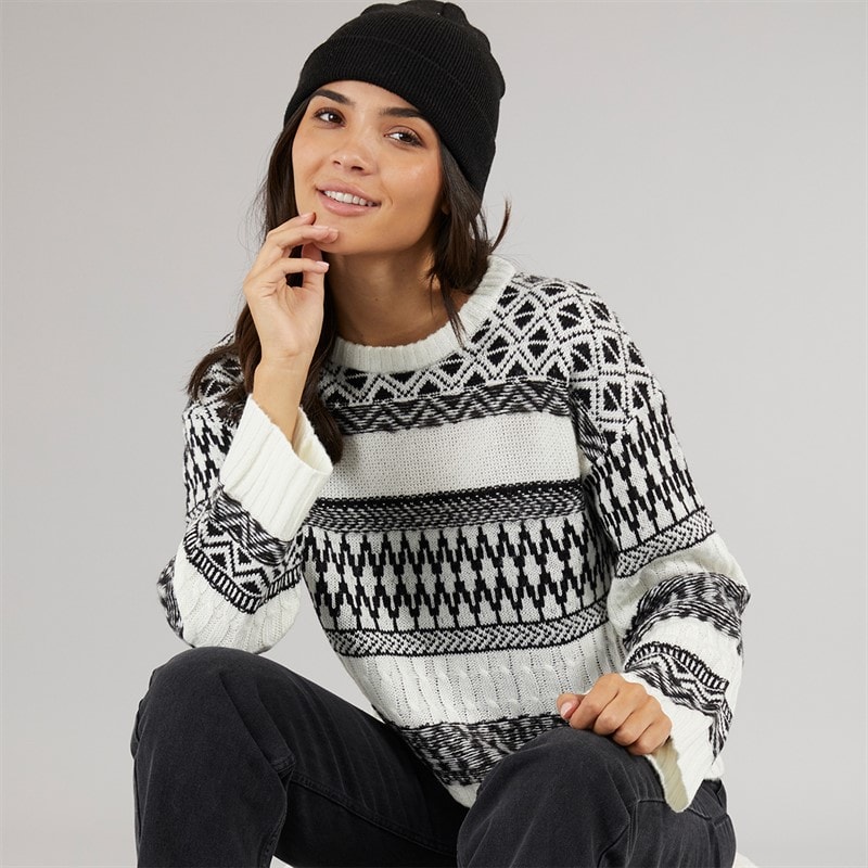 Womens Jacquard Cable Knit Jumper Black/Ecru - Image 1