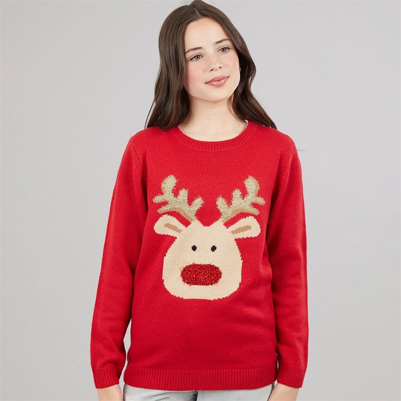 Girls Rudolf Christmas Jumper Red - Image 3