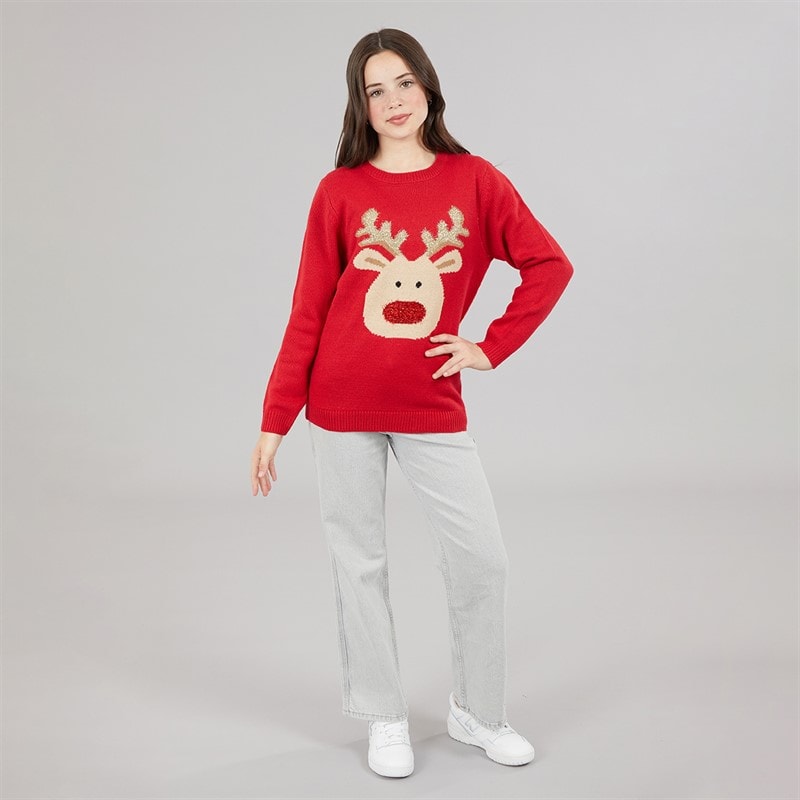Girls Rudolf Christmas Jumper Red - Image 4