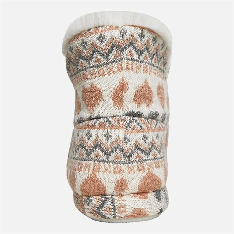 Womens Fairisle Sherpa Lined Bootee Slippers Cream/Pink - Image 3