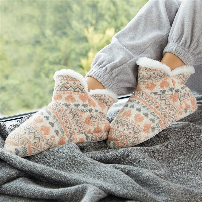 Womens Fairisle Sherpa Lined Bootee Slippers Cream/Pink - Image 5