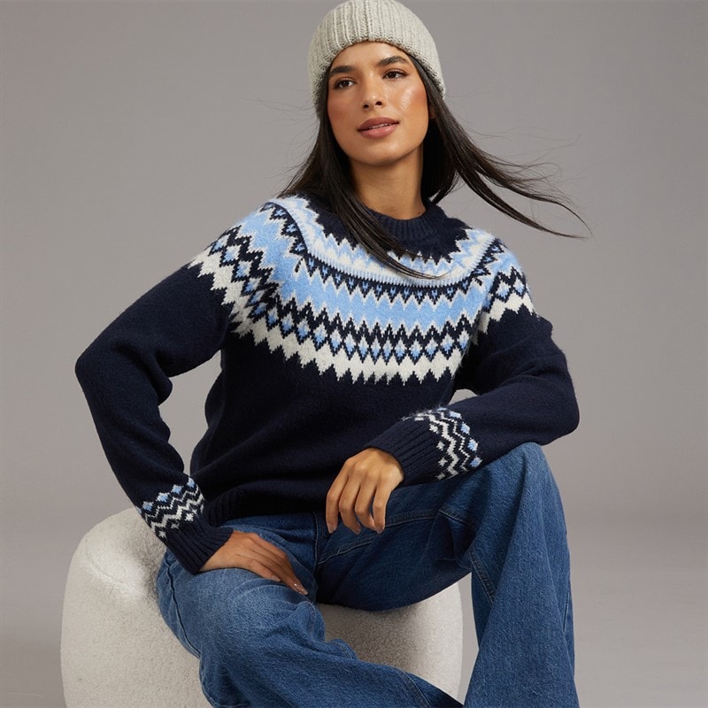 Board Angels Womens Fairisle Crew Neck Jumper Navy/Blue/Ivory