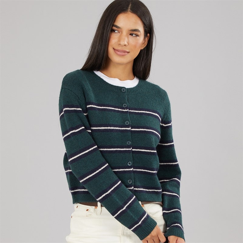 Board Angels Womens Crew Neck Stripe Cardigan Forest Green/Navy/Ivory