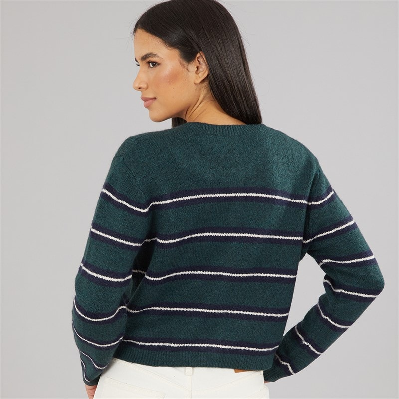 Womens Crew Neck Stripe Cardigan Forest Green/Navy/Ivory - Image 2