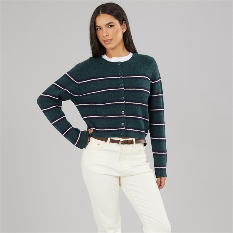 Womens Crew Neck Stripe Cardigan Forest Green/Navy/Ivory - Image 3