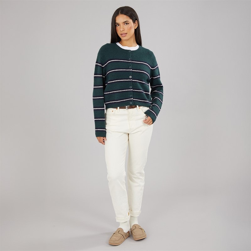 Womens Crew Neck Stripe Cardigan Forest Green/Navy/Ivory - Image 4