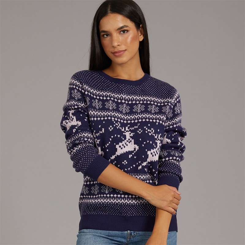 Board Angels Womens Fairisle Christmas Jumper Navy Multi