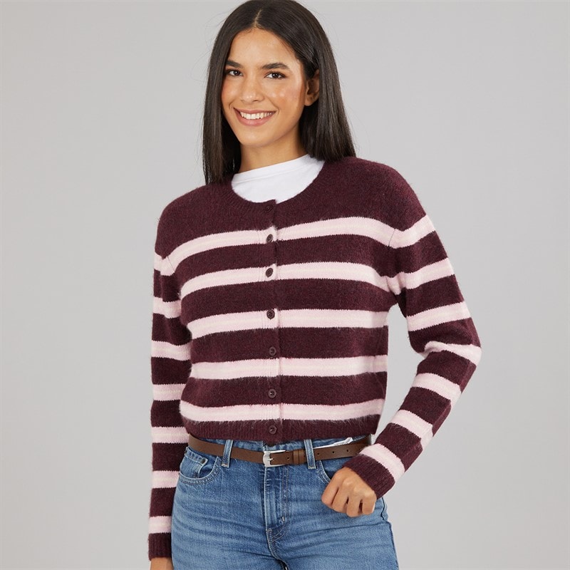Board Angels Womens Crew Neck Stripe Cardigan Burgundy/Pink/Ivory
