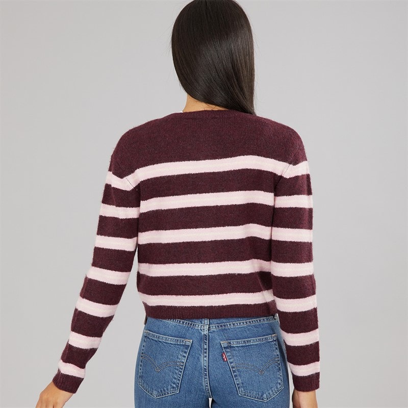 Womens Crew Neck Stripe Cardigan Burgundy/Pink/Ivory - Image 2