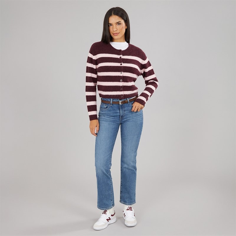Womens Crew Neck Stripe Cardigan Burgundy/Pink/Ivory - Image 3