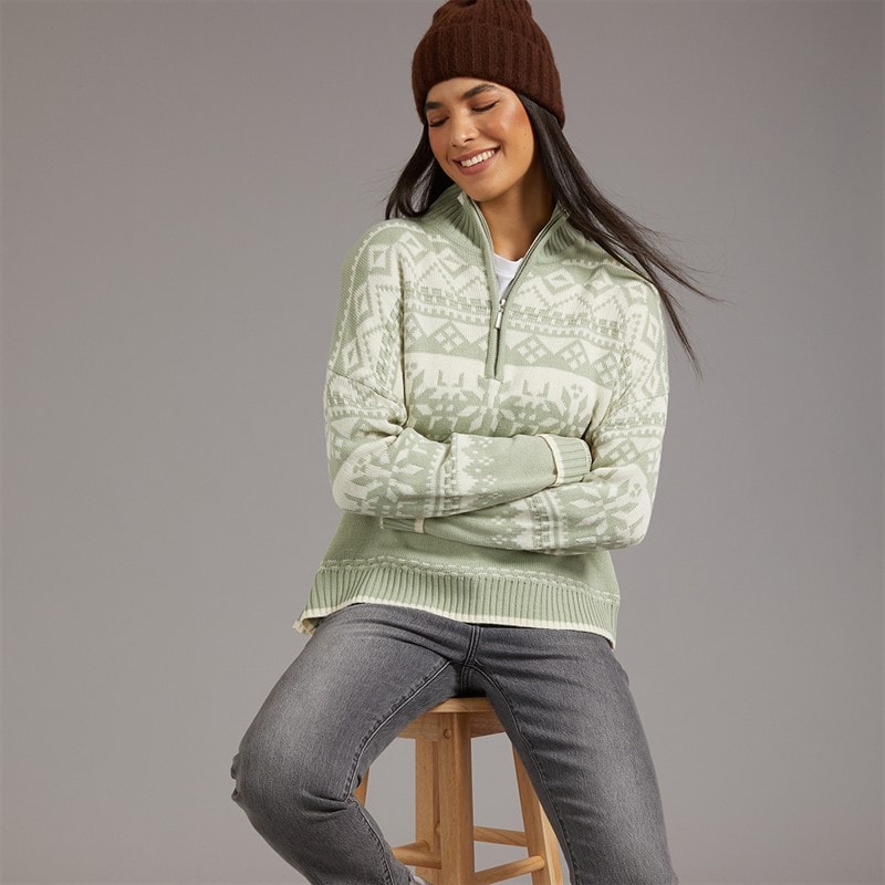 Womens Half Zip Fairisle Sweater Pastel Sage/Ivory - Image 3