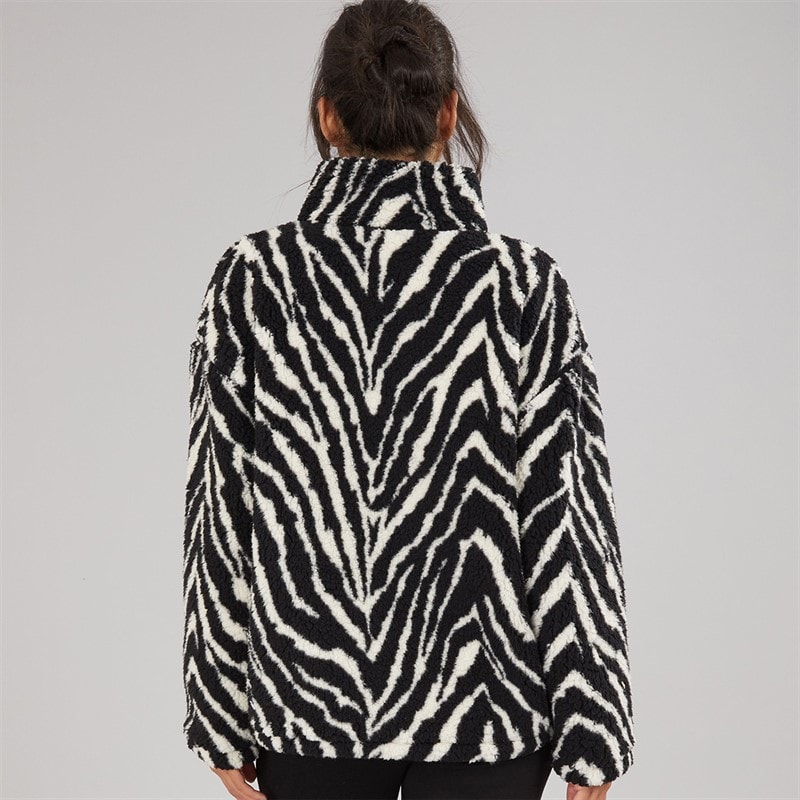 Womens Animal Print Zip Through Borg Fleece Black/Ecru - Image 2