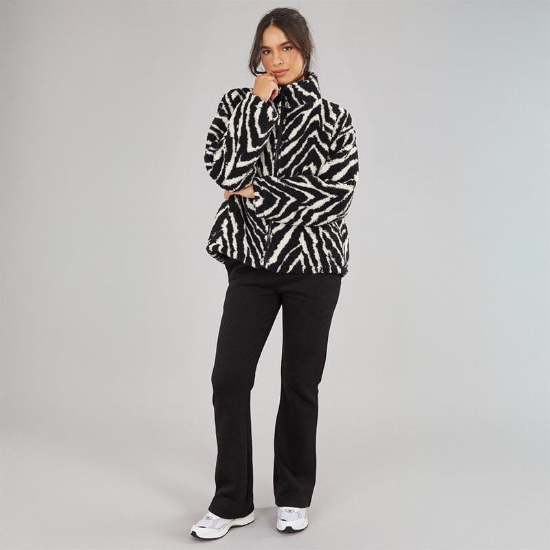 Womens Animal Print Zip Through Borg Fleece Black/Ecru - Image 3
