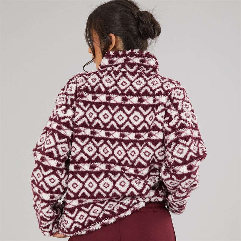 Womens 1/4 Zip Borg Aztec Print Fleece Burgundy Multi - Image 2