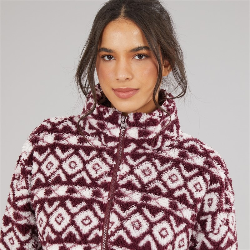 Womens 1/4 Zip Borg Aztec Print Fleece Burgundy Multi - Image 3