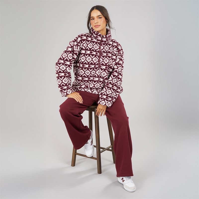 Womens 1/4 Zip Borg Aztec Print Fleece Burgundy Multi - Image 4