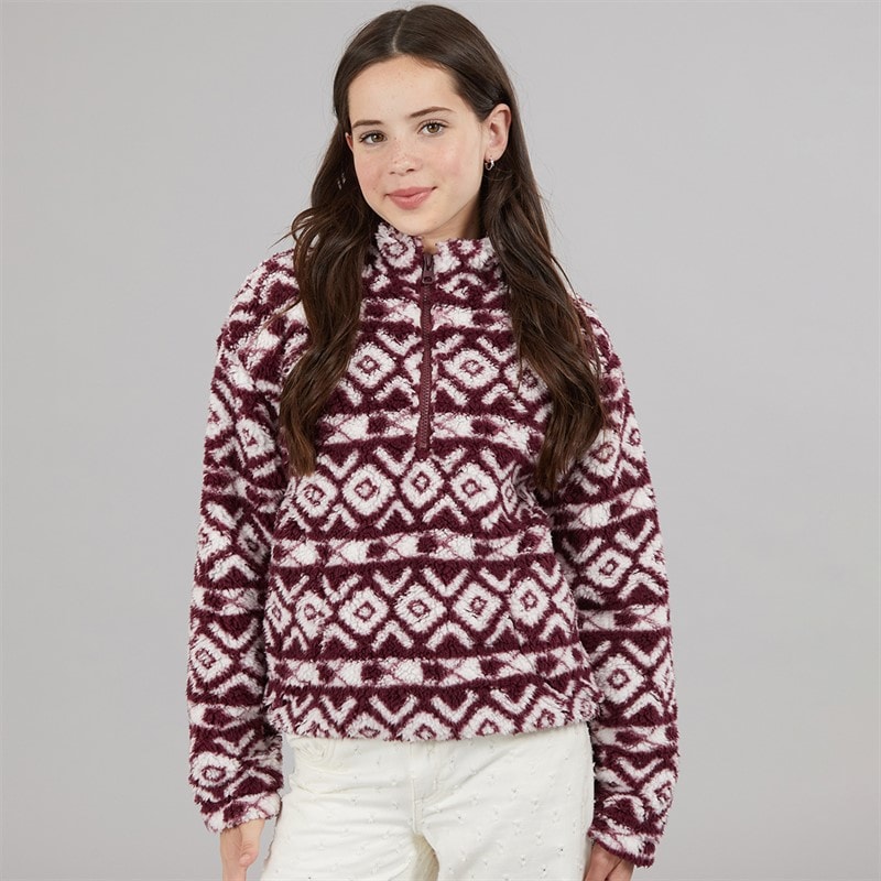 Girls 1/4 Zip Borg Aztec Print Fleece Burgundy Multi - Image 3