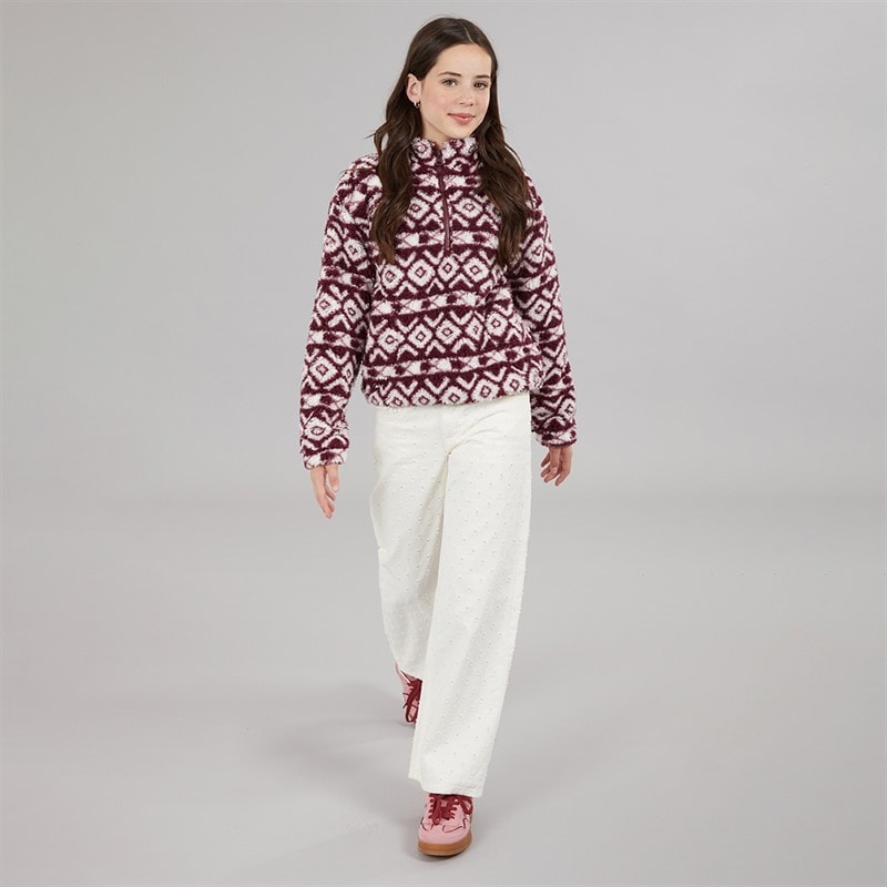 Girls 1/4 Zip Borg Aztec Print Fleece Burgundy Multi - Image 4