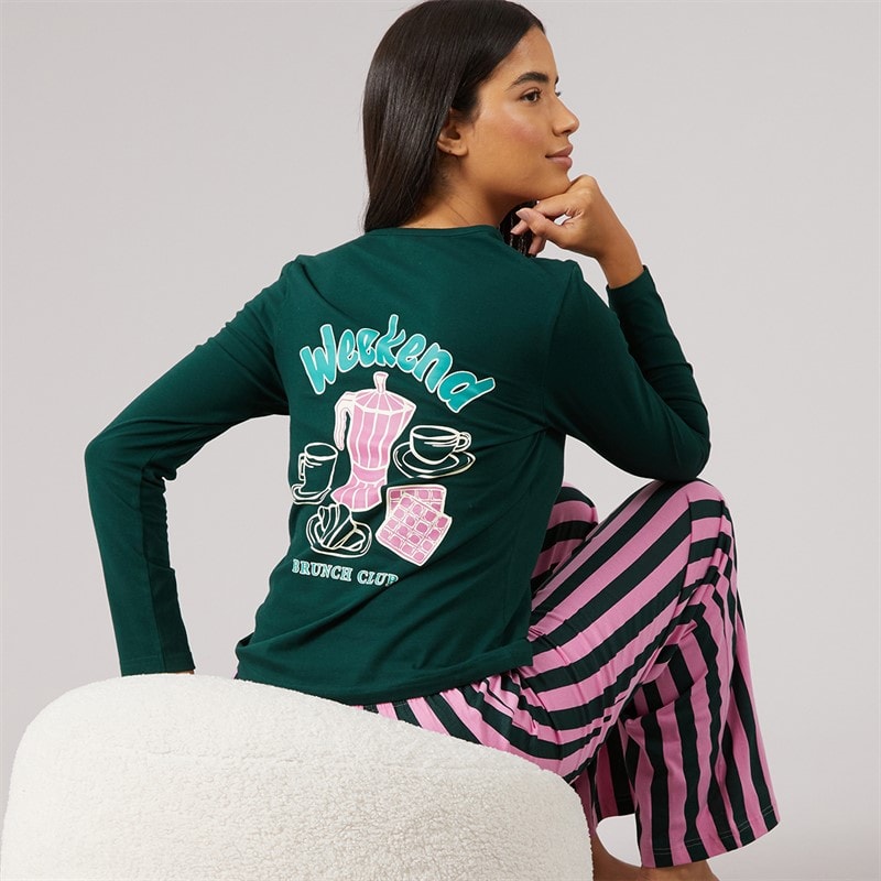 Board Angels Womens Brunch Long Sleeve Top And Striped Wide Leg Trousers Lounge Set Green Pink Stripe