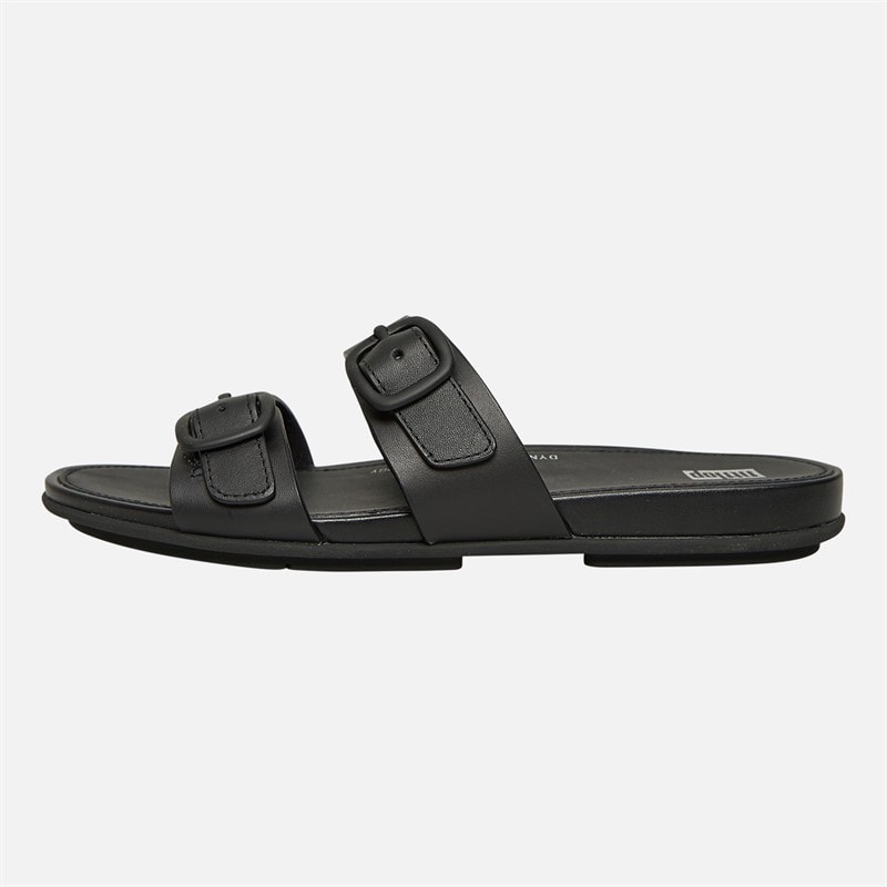 Womens Gracie Rubber Buckle Two Bar Leather Sliders All Black - Image 1