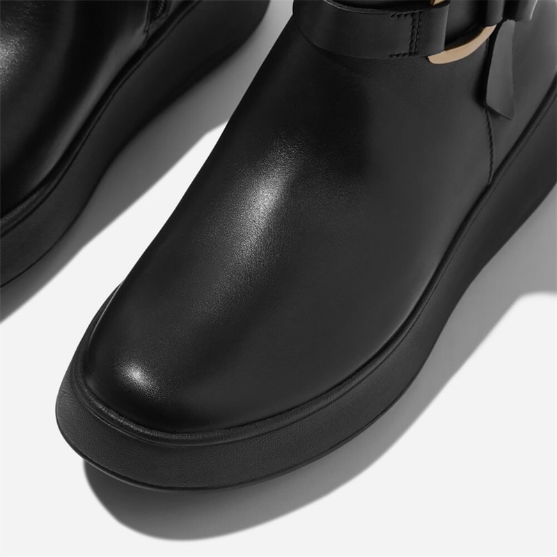 Womens F-Mode Buckled Leather Flatform Ankle Boots Black - Image 4
