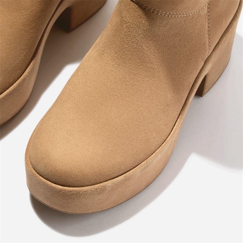 Womens Platform Slouch Suede Heeled Boots Desert Tan - Image 4
