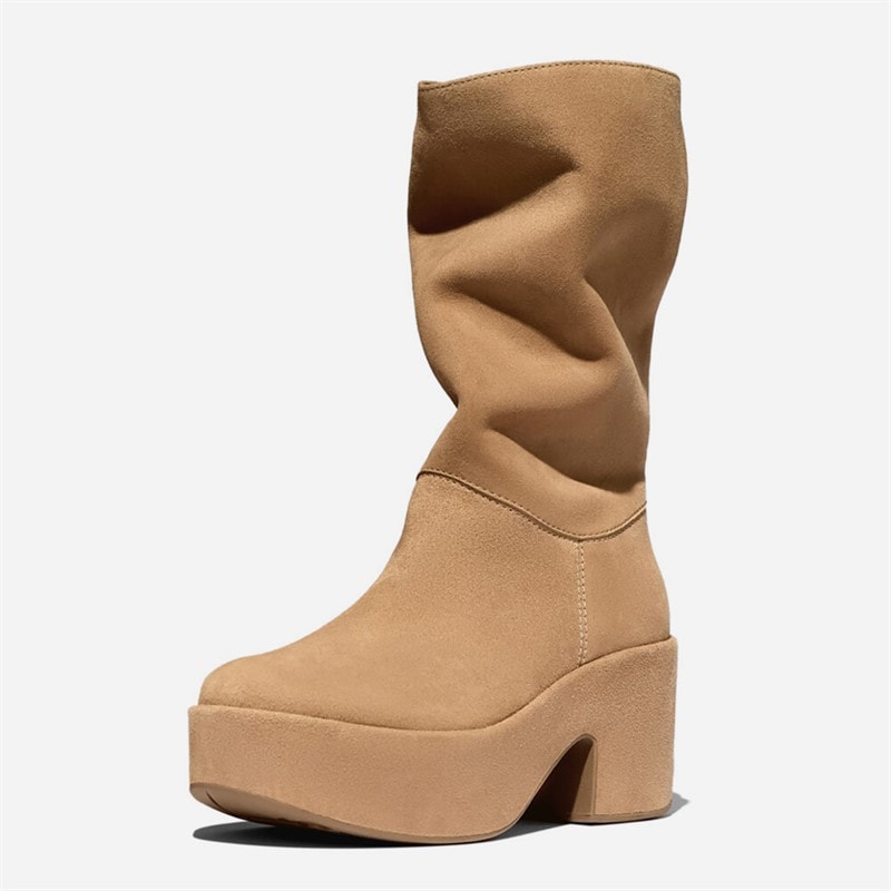Womens Platform Slouch Suede Heeled Boots Desert Tan - Image 5