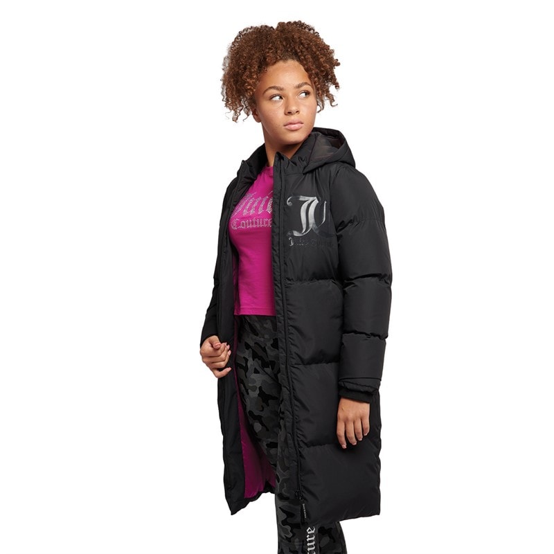 Girls Longline Puffer Coat Black - Image 3